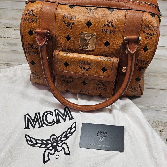 MCM Cognac Visetos Boston Satchel Bag Authentic | Medium Size | Dust Bag - Picture 1 of 10